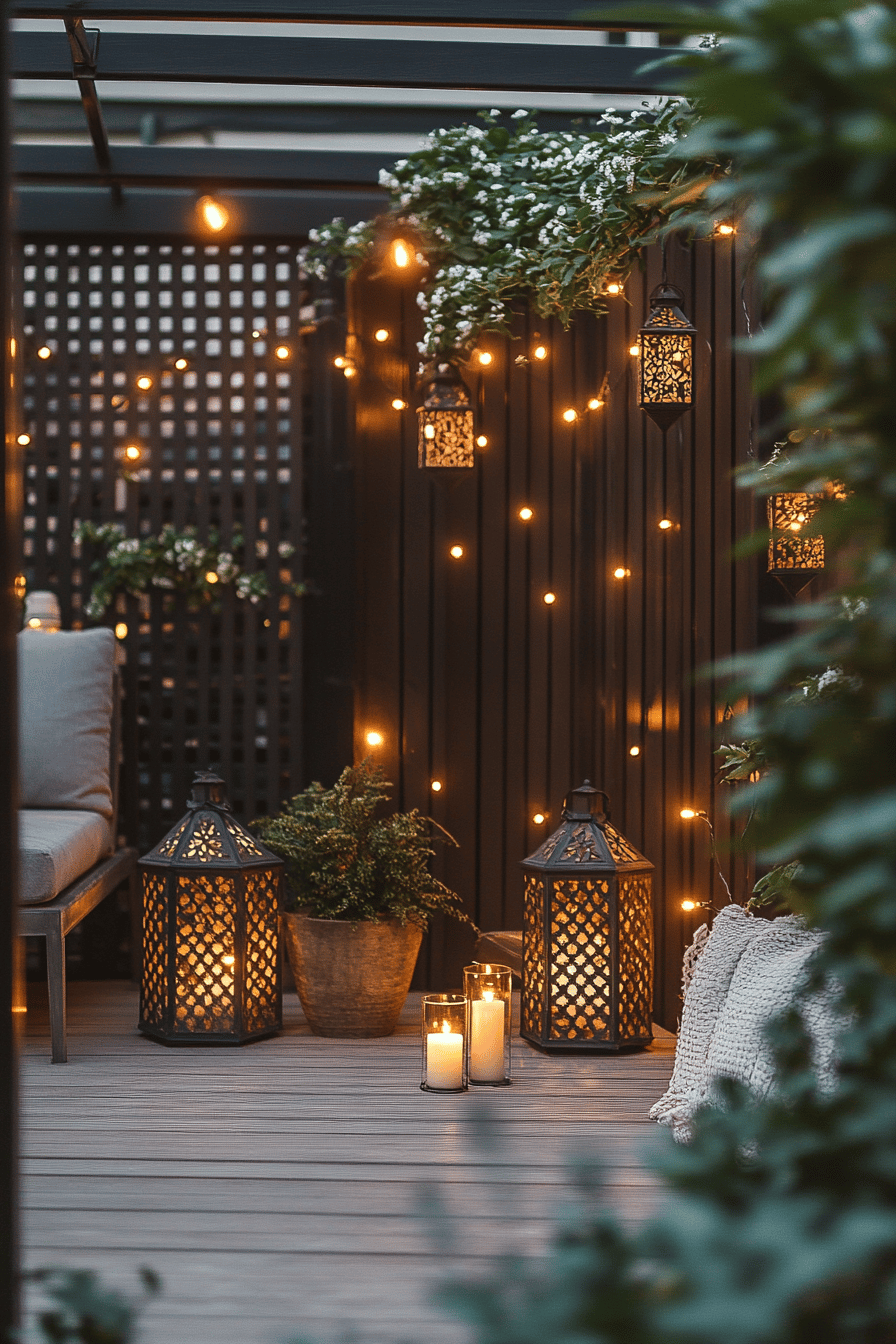 Terrasse mit stimmungsvollen Laternen und Lichterketten.