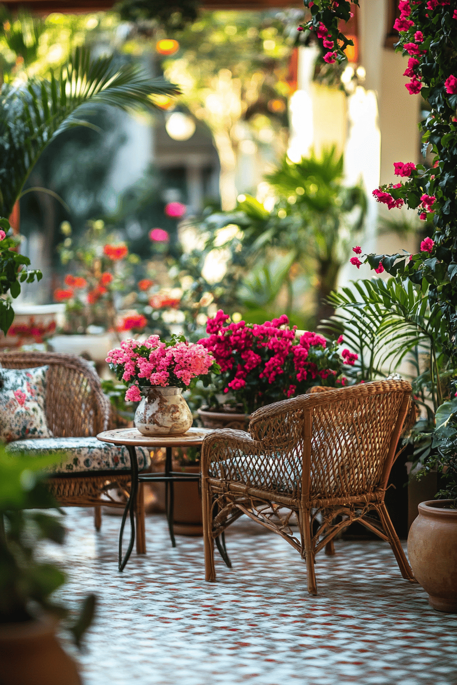 Eine gemütlich dekorierte Terrasse mit üppigen Blumen und Sitzgelegenheiten.