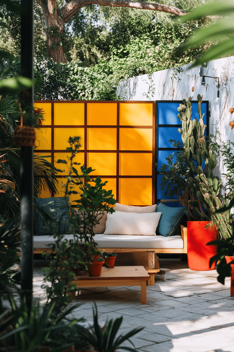 Gemütliche Terrasse mit bunten Sichtschutzwänden und Pflanzen.