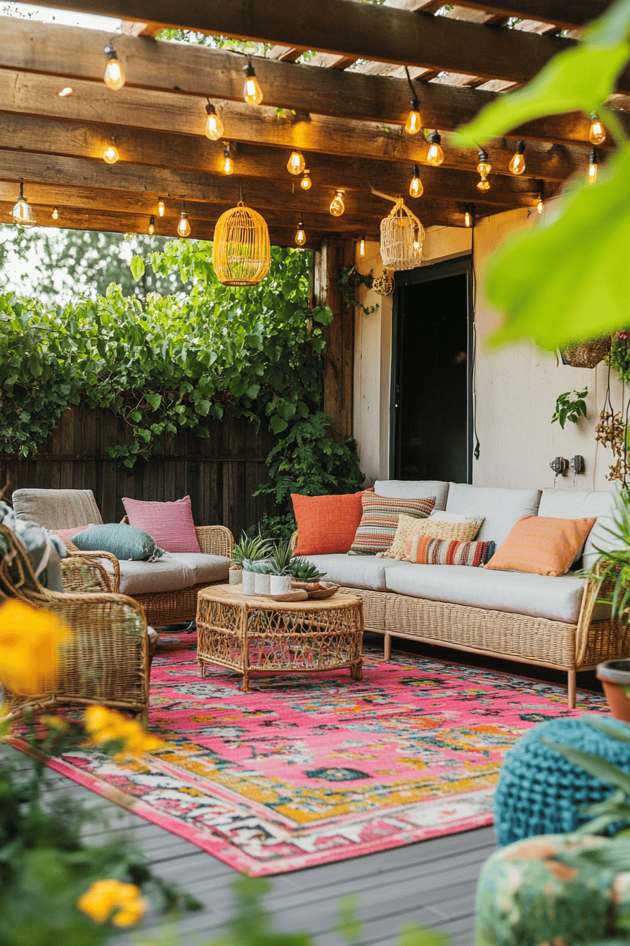 Terrasse mit buntem Outdoor-Teppich, Lichterketten und Rattanmöbeln.