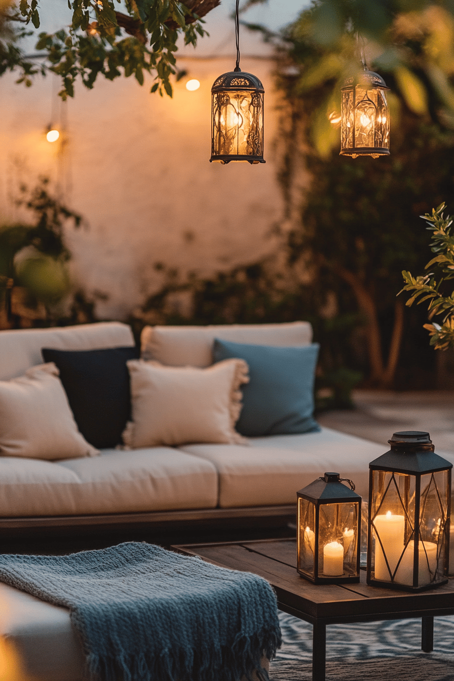 Gemütliche Terrasse mit Sofa, Kissen und Laternenbeleuchtung.