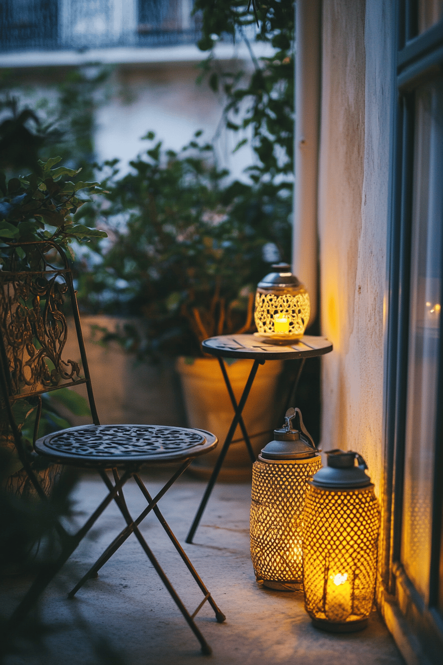 Gemütlich beleuchtete Terrasse mit stilvollen Laternen und dekorativem Tisch.