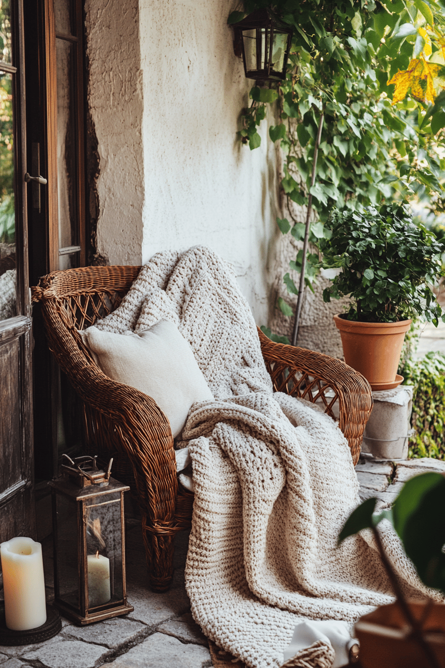 Gemütlicher Sessel auf einer Terrasse, dekoriert mit einer kuscheligen Decke und Kissen, umgeben von Pflanzen.
