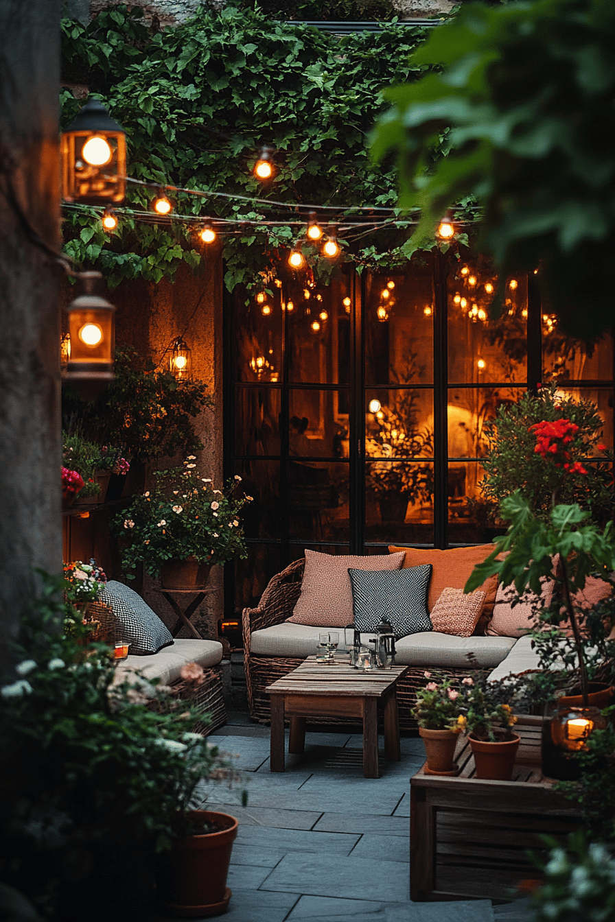 Gemütliche Terrasse mit Lichterketten und Pflanzen dekoriert.