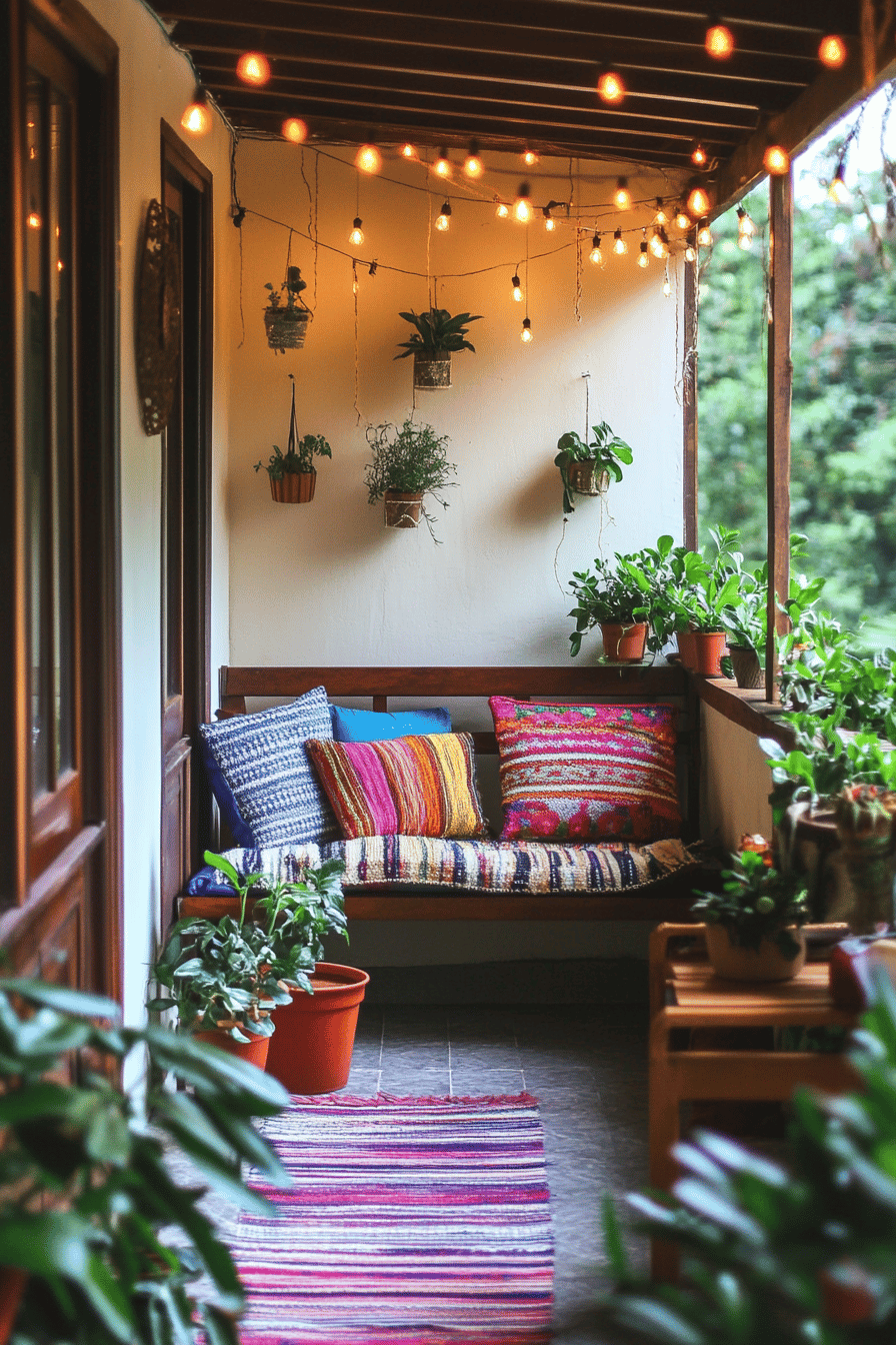Überdachte Terrasse mit bunten Kissen, Pflanzen und Lichterketten.