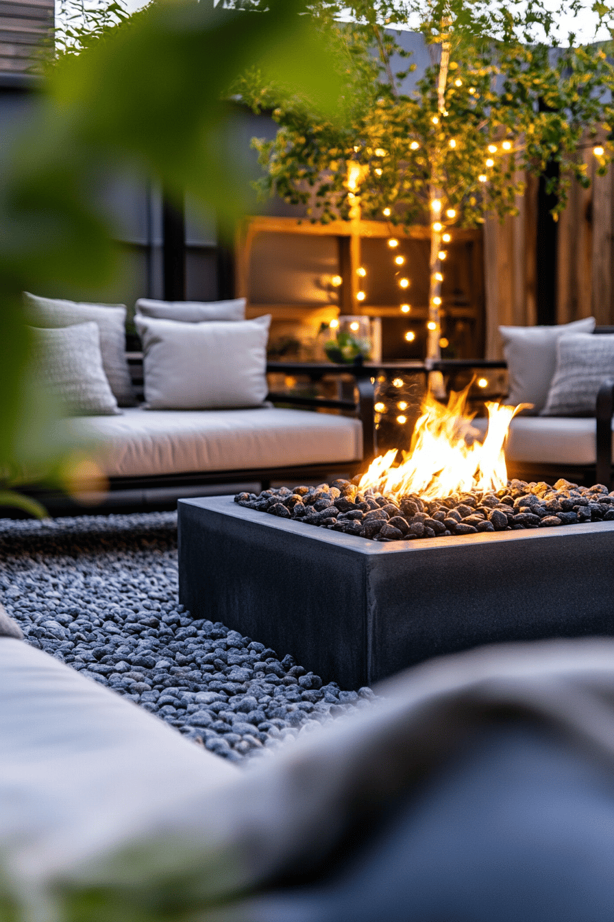 Moderne Terrasse mit Feuerschale und einladender Beleuchtung.