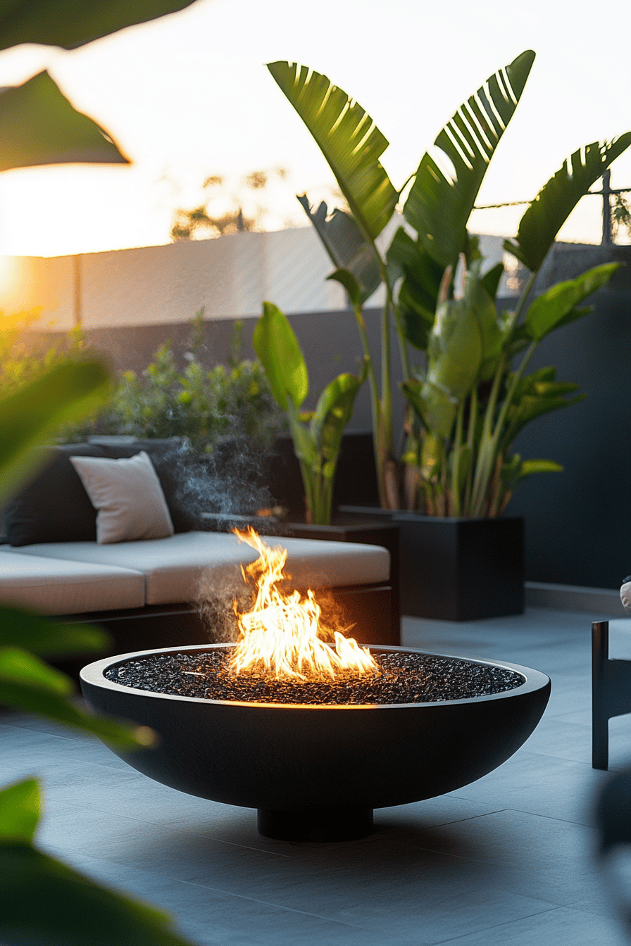 Moderne Terrasse mit stilvoller Feuerschale und exotischen Pflanzen.