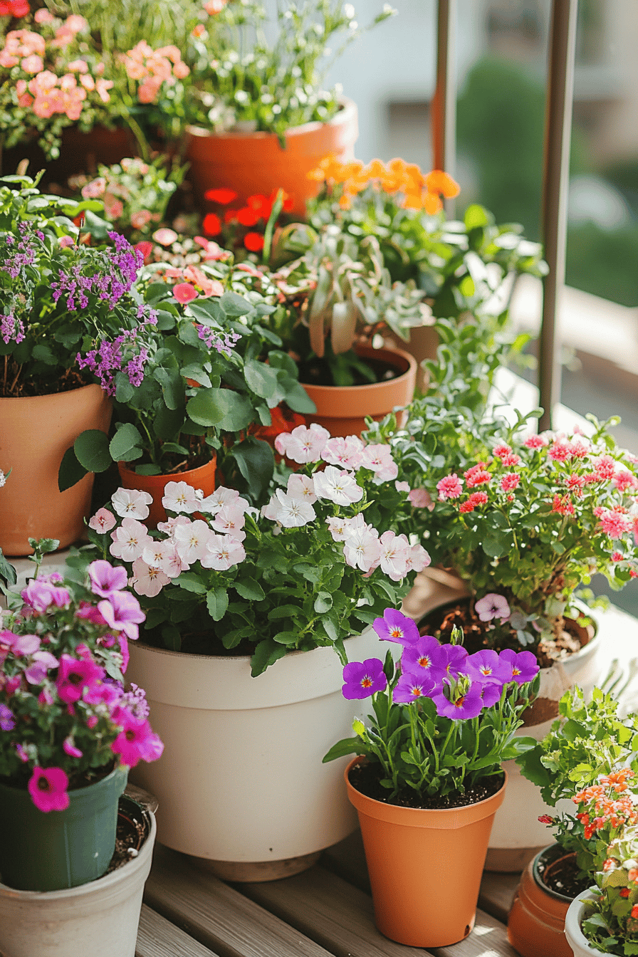 Verschiedene bunte Blumen in Töpfen auf einer Terrasse arrangiert.