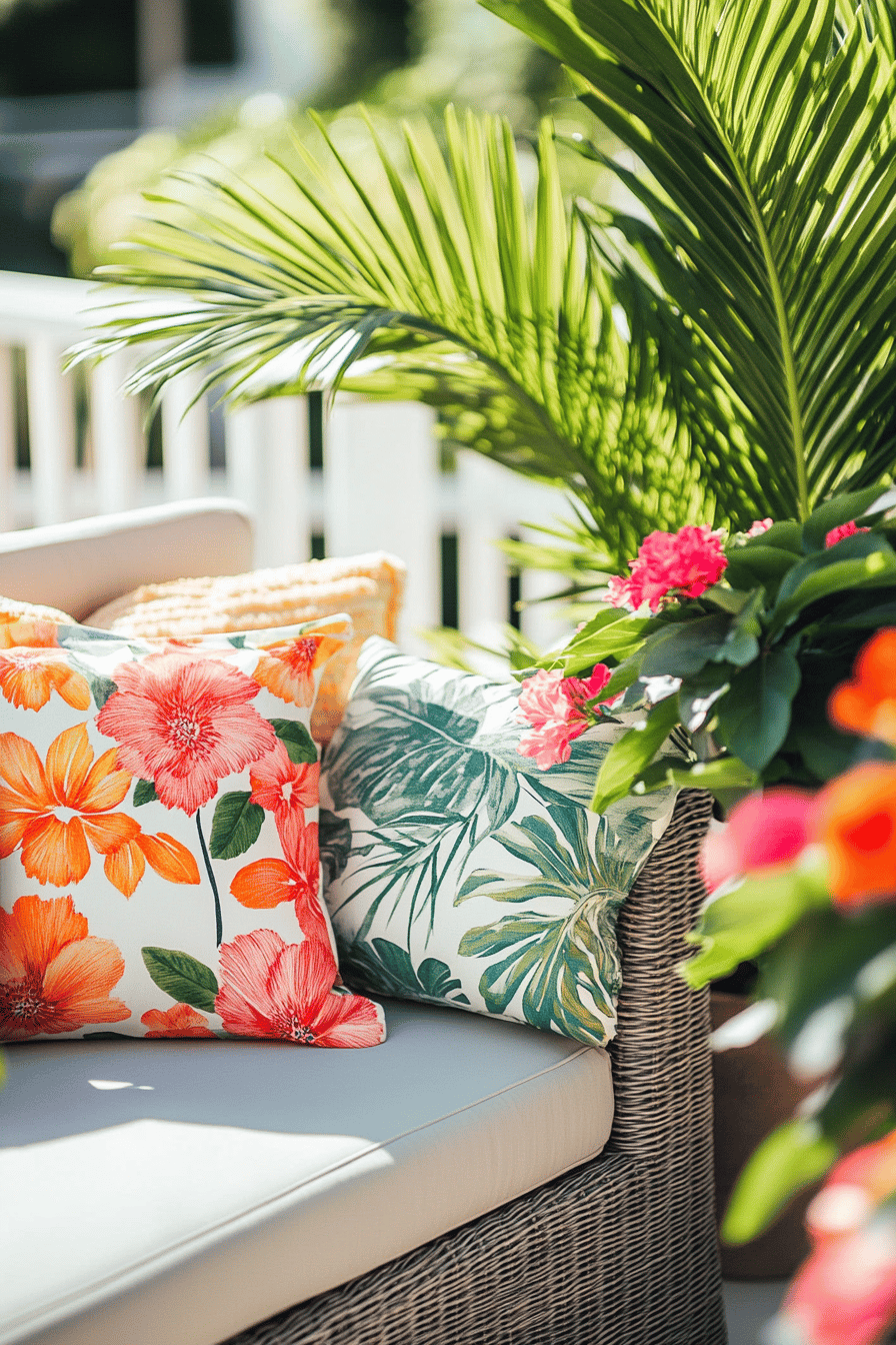 Bunte Kissen und Pflanzen auf einer geflochtenen Outdoor-Couch.
