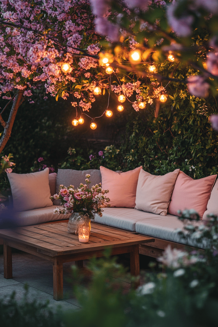 Terrasse mit Lichterketten, Holzmöbeln und blühenden Pflanzen.