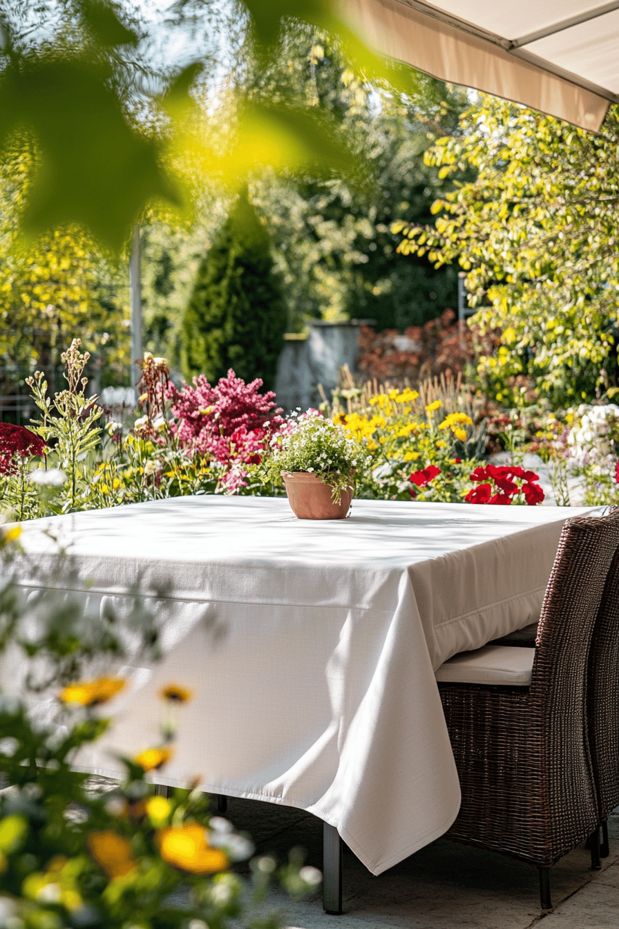 Terrasse mit Tisch und blühenden Pflanzen im Hintergrund.