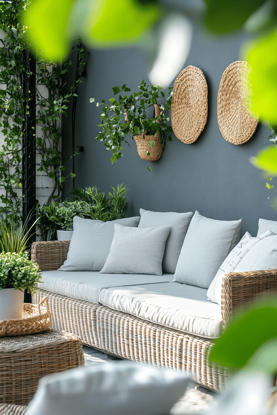 Terrasse mit grauen Kissen, Korbmöbeln und grünen Pflanzen.