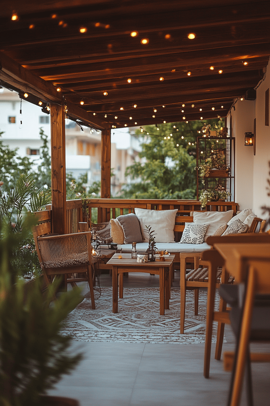Holzterrasse mit stimmungsvoller Beleuchtung und gemütlicher Einrichtung.