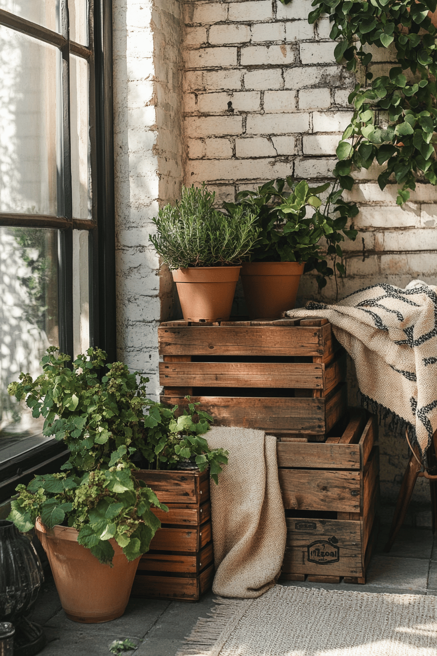 Holzkisten mit Pflanzen auf einer Terrasse im Landhausstil.