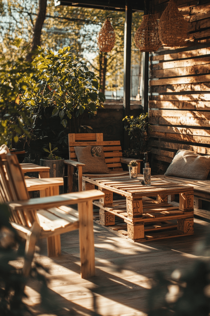 Terrasse mit Möbeln aus Holzpaletten und Pflanzen in einer gemütlichen Atmosphäre.