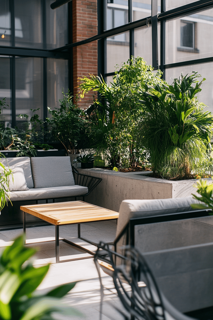 Eine modern gestaltete Terrasse mit Pflanzen, Beton und Metalldetails.