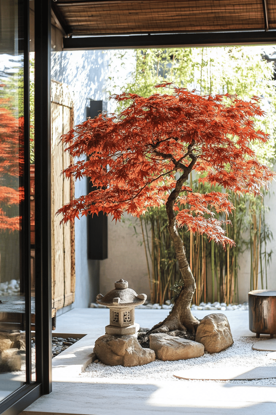 Terrasse mit japanischem Ahornbaum und Steinlaterne in asiatischem Dekor.