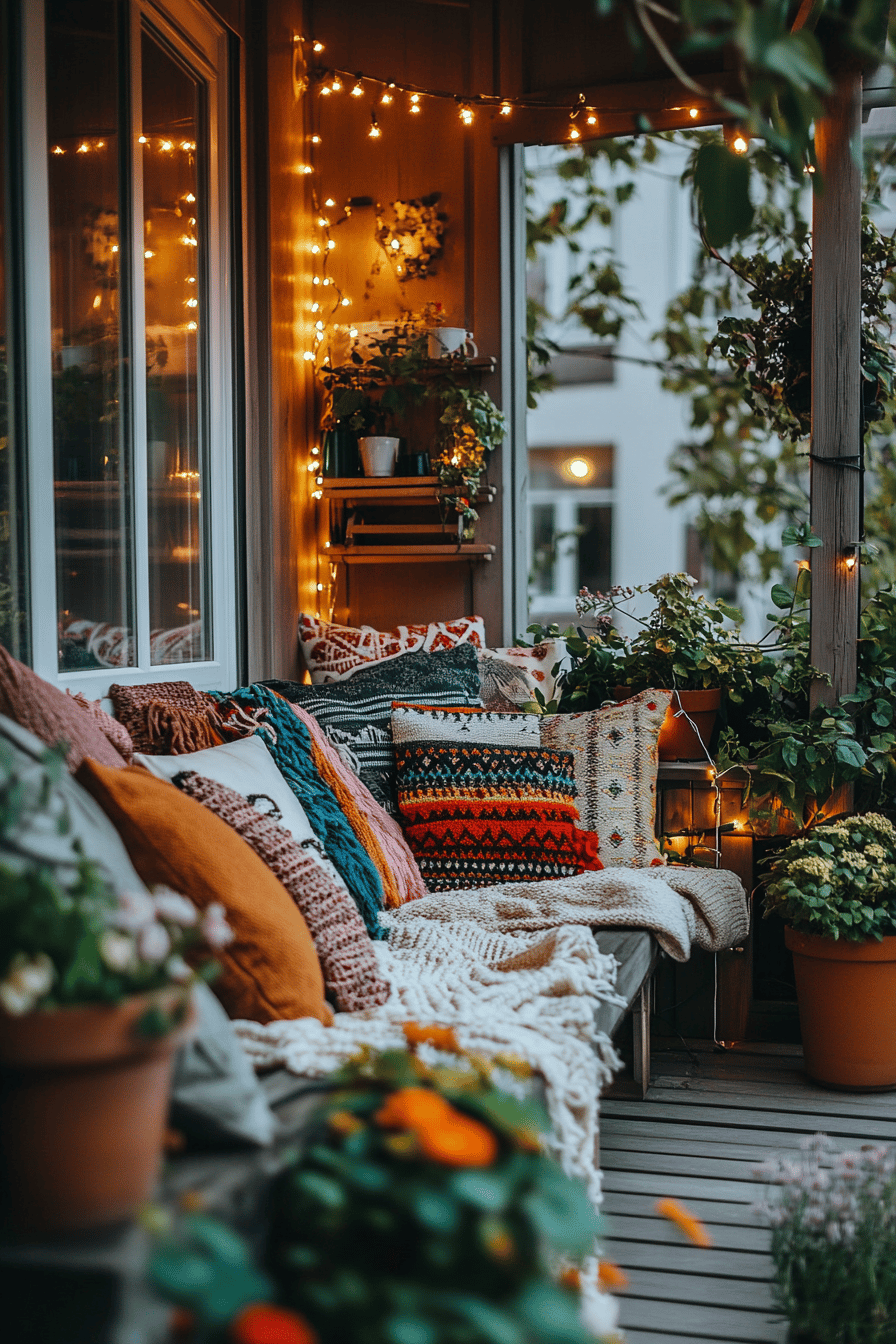 Eine Terrasse mit vielen Kissen und Decken, umgeben von Pflanzen und Lichterketten.