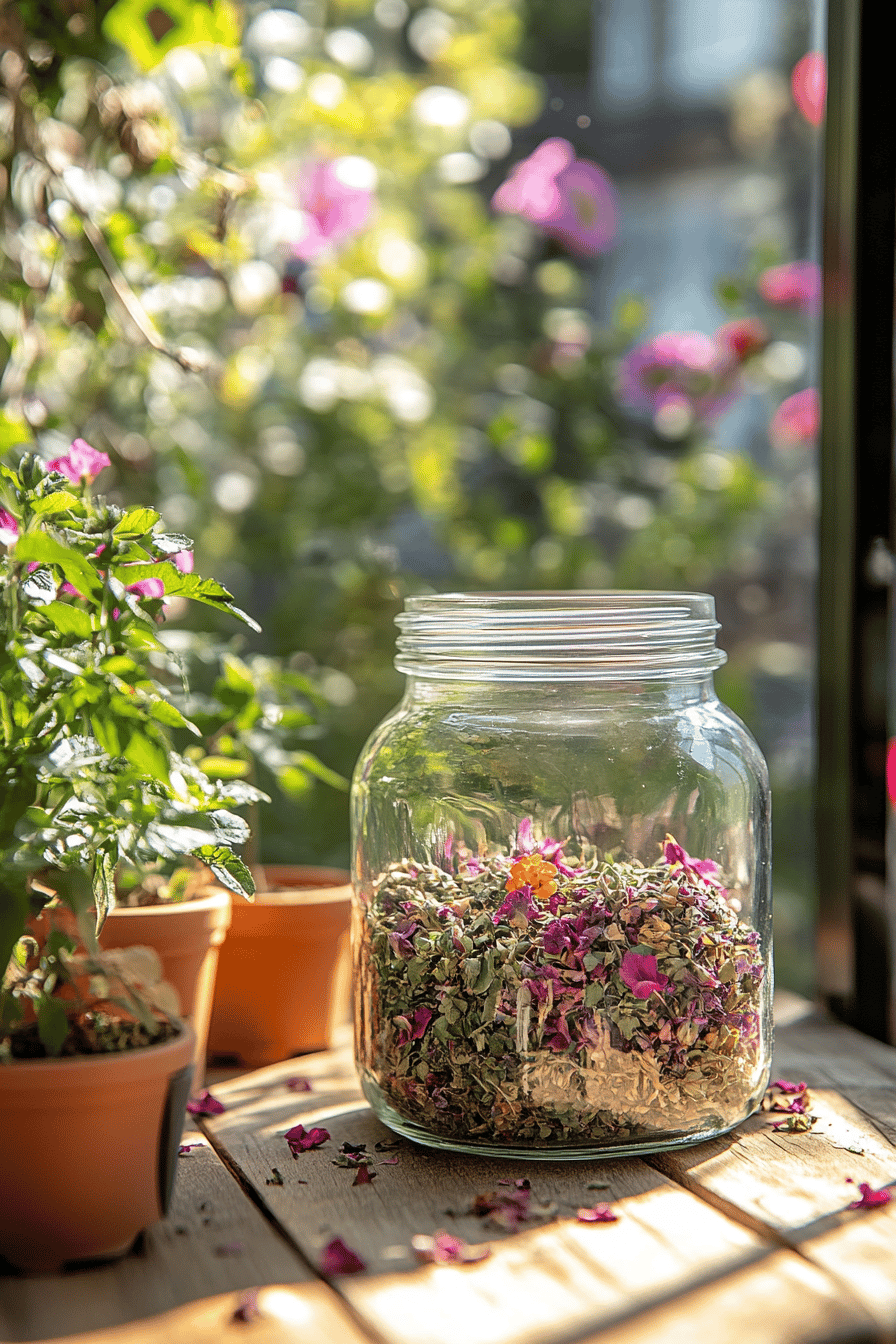 Ein Glas mit getrockneten Kräutern und Blüten auf einem Holztisch, umgeben von Blumentöpfen im Sonnenlicht.