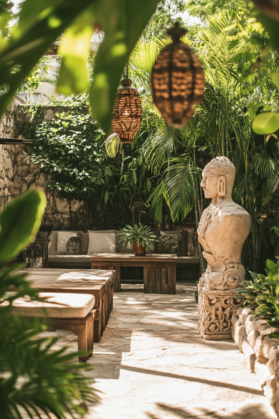 Terrasse mit Buddha-Statue und hängenden Laternen.