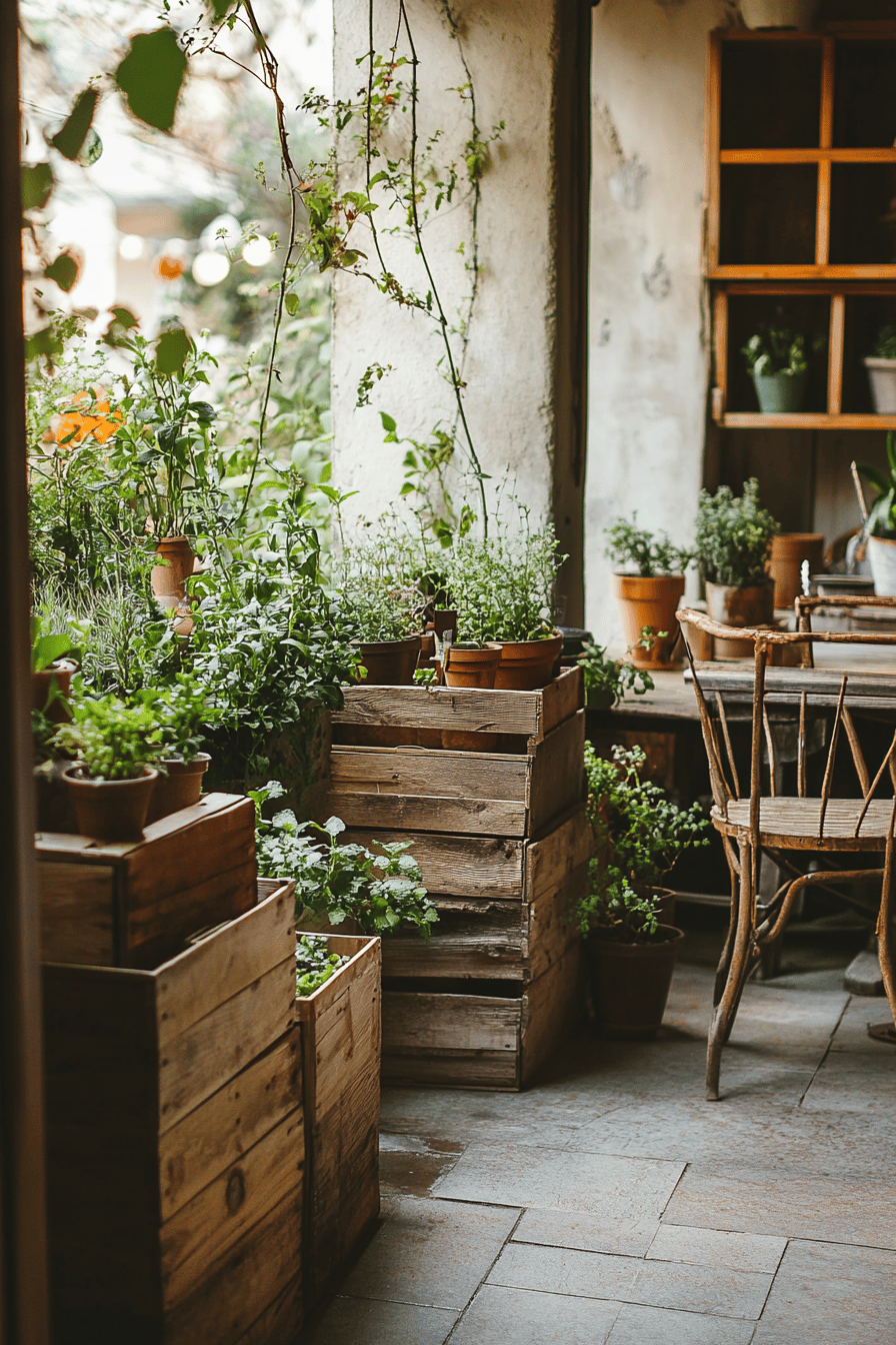 Eine gemütliche Terrasse mit vielen Holzkisten und Töpfen voller Kräuter im Landhausstil dekoriert.