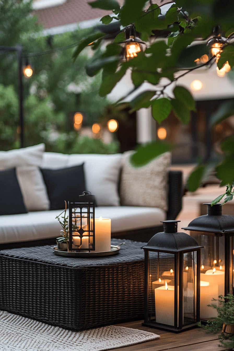 Gemütliche Terrasse mit Laternen und Windlichtern bei Abenddämmerung.