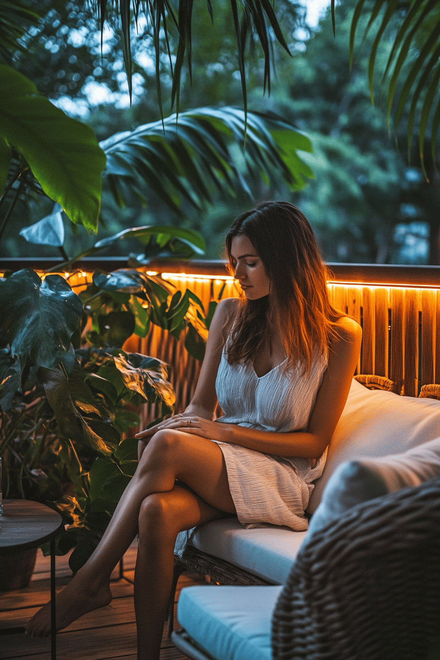 Frau sitzt auf einer Terrasse mit LED-Beleuchtung und Pflanzen im Hintergrund.