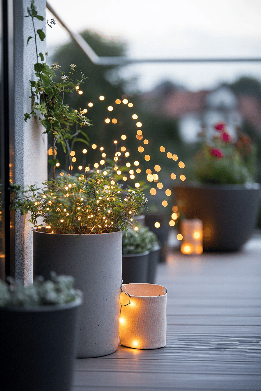 Terrasse mit eleganter Lichterkettendekoration an Blumentöpfen.