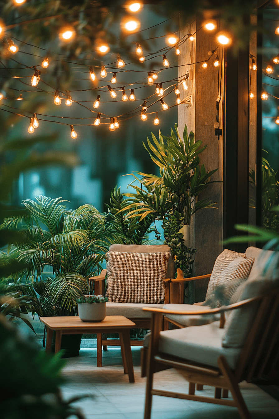 Gemütliche Terrasse mit Lichterketten und Pflanzen dekoriert.