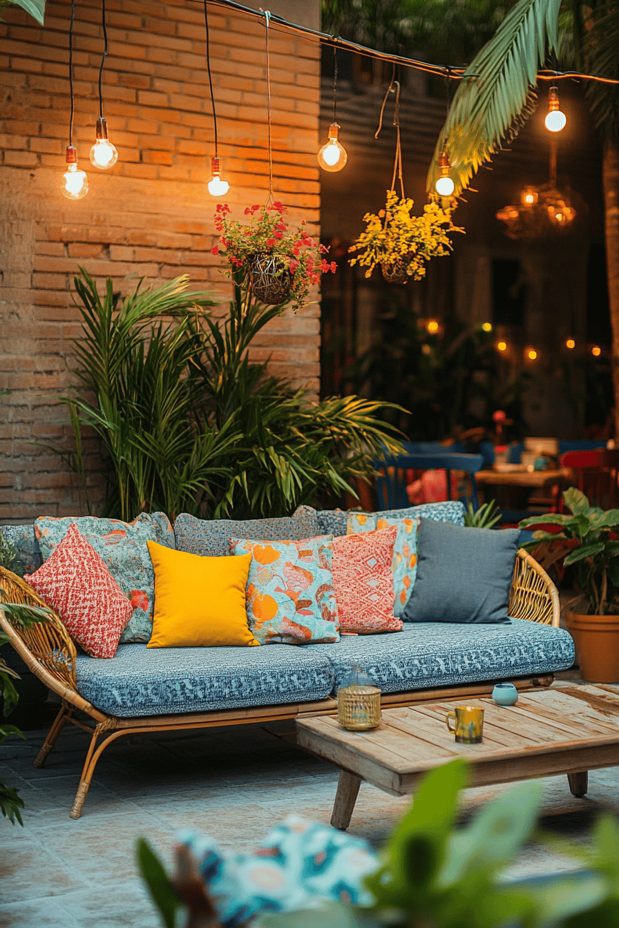 Behagliche Terrasse mit Lichterketten, bequemen Kissen und Pflanzen.