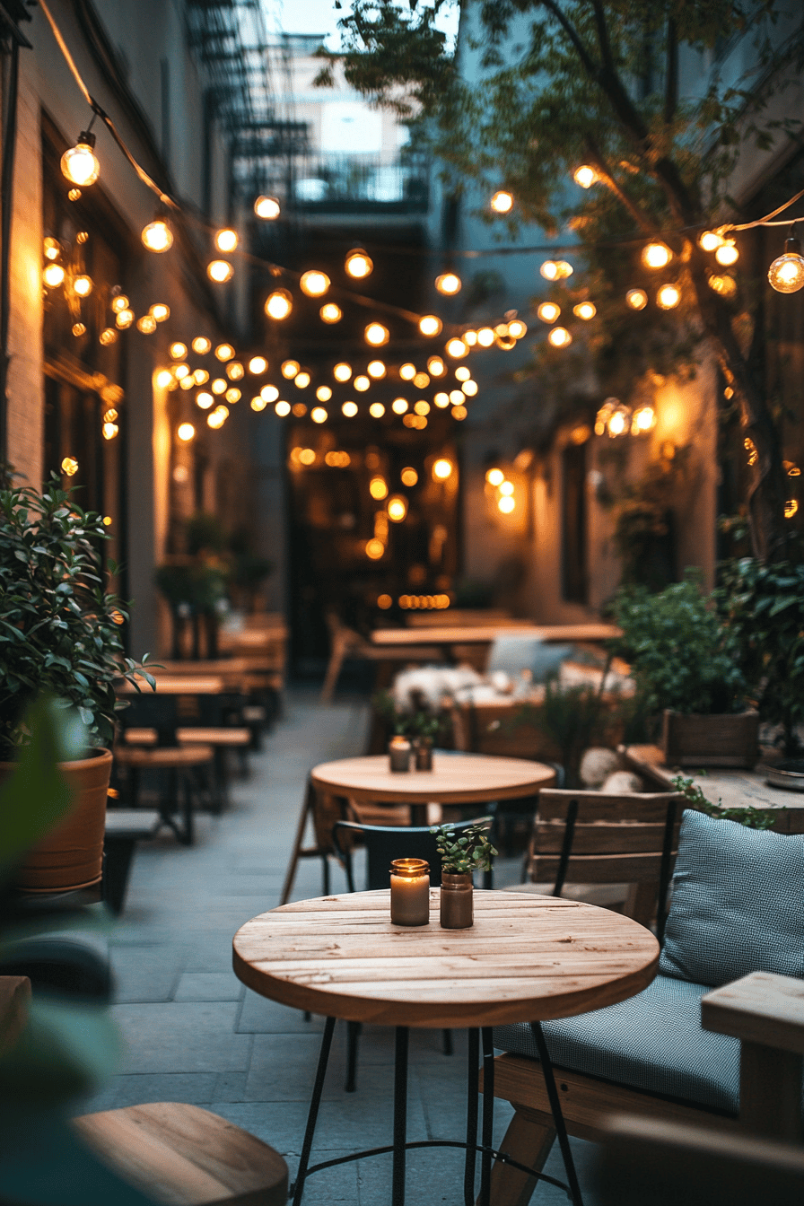 Terrasse mit Lichterketten und gemütlichen Sitzmöbeln.
