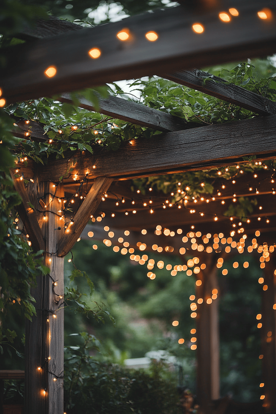 Terrasse mit Holzdach, geschmückt mit leuchtenden Lichterketten.