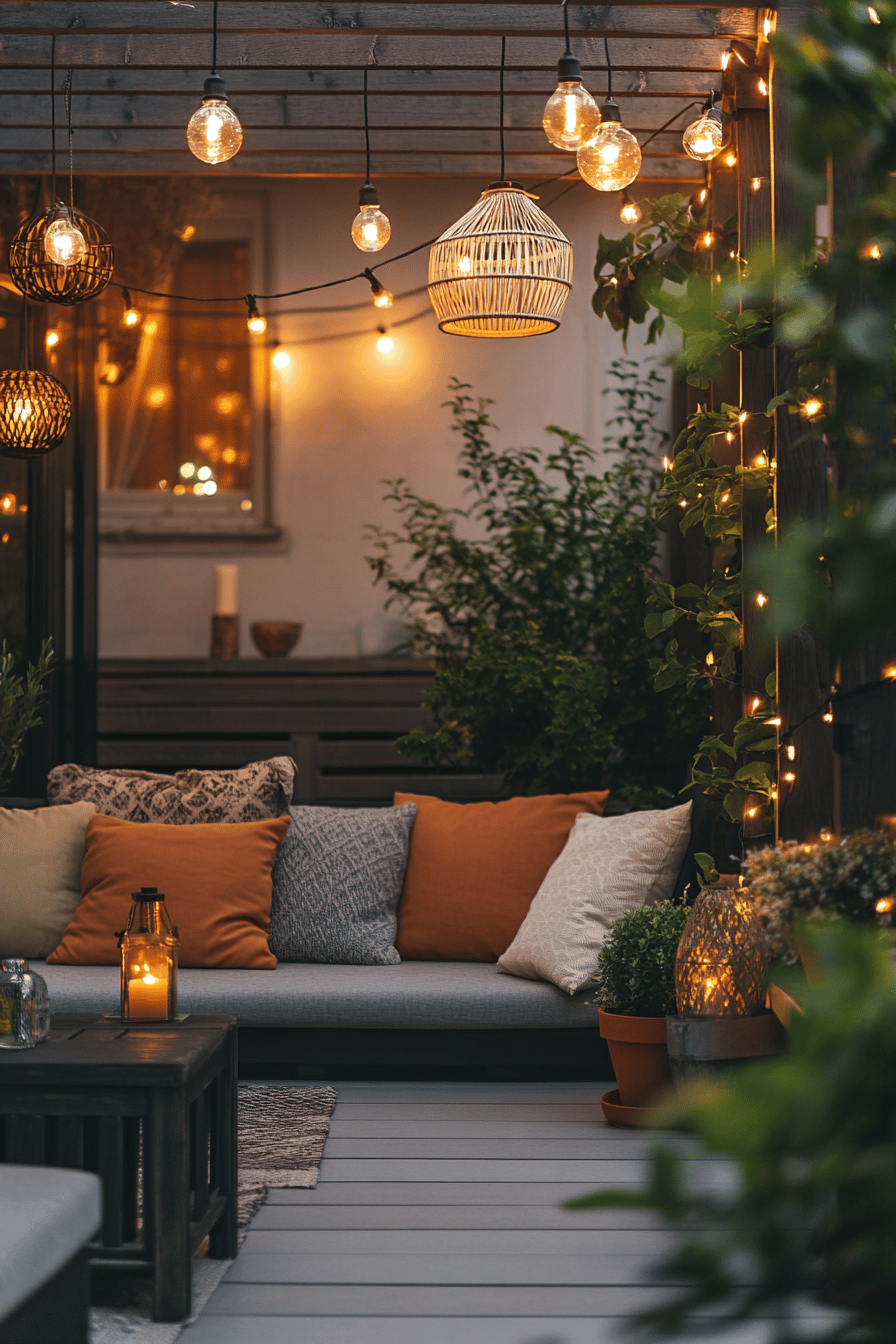 Terrasse mit Lichterketten und gemütlicher Sitzgelegenheit.
