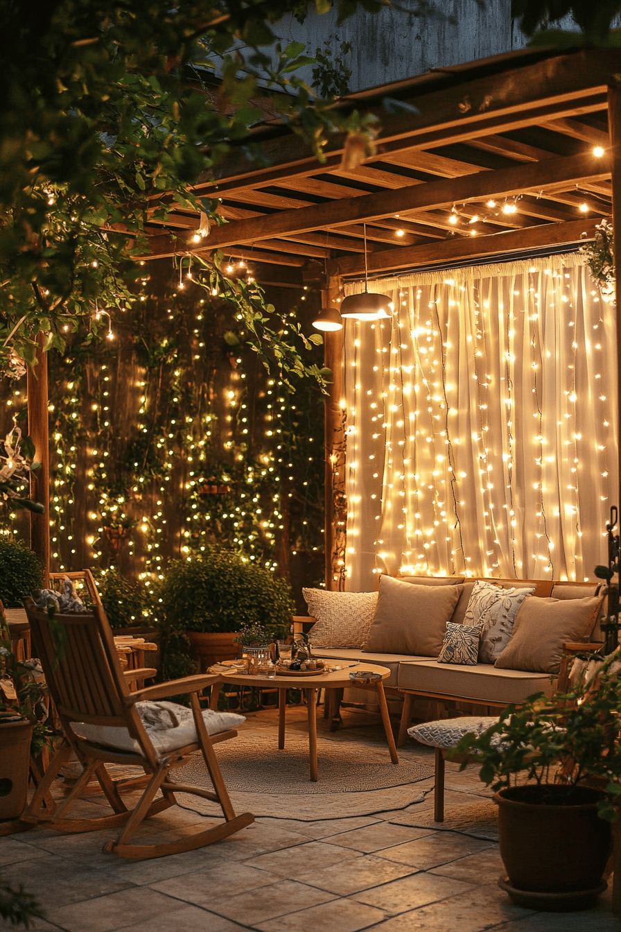 Gemütliche Terrasse mit Lichtervorhängen und Holzmöbeln.