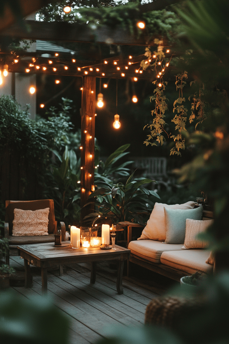 Terrasse mit Lichterketten, LED Kerzen und gemütlichen Sitzgelegenheiten.