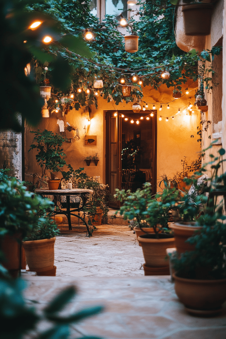 Stimmungsvolle Terrasse mit Lichterketten und mediterranen Pflanzen.