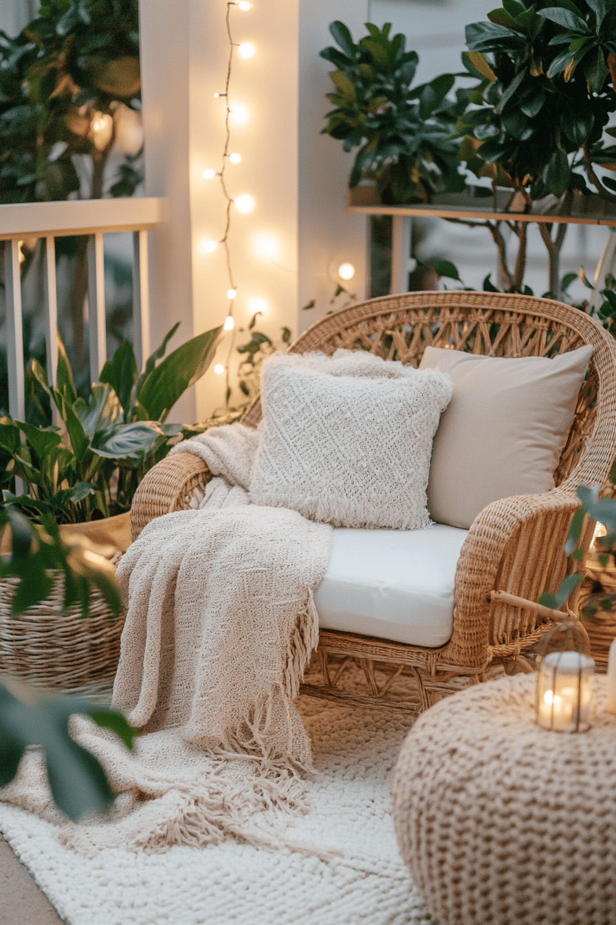 Ein gemütlicher Rattan-Sessel mit Kissen und Decke auf einer Terrasse, umgeben von Pflanzen und Lichterketten.