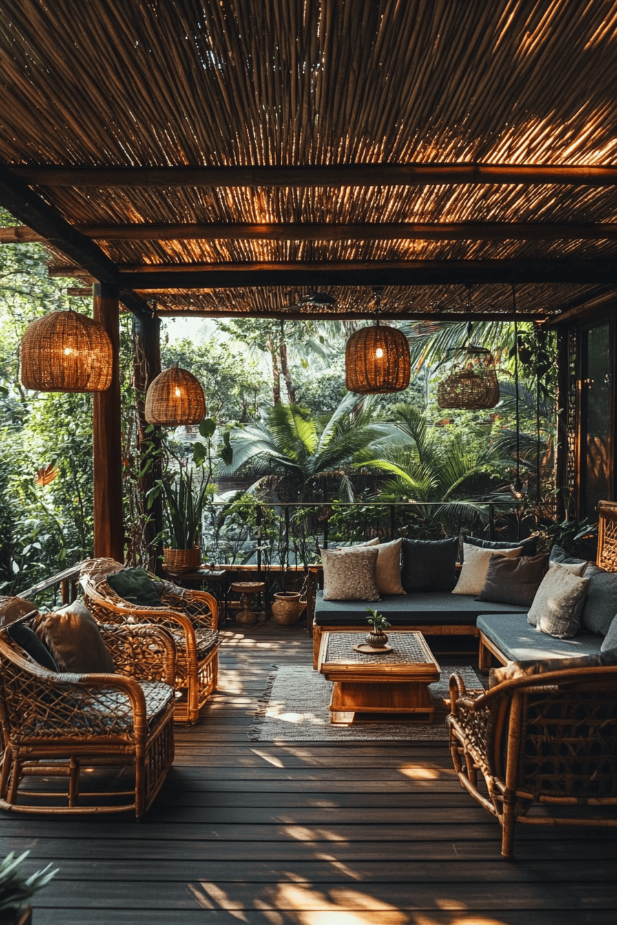 Überdachte Terrasse mit Bambusdecke, Rattanmöbeln und Pflanzen.