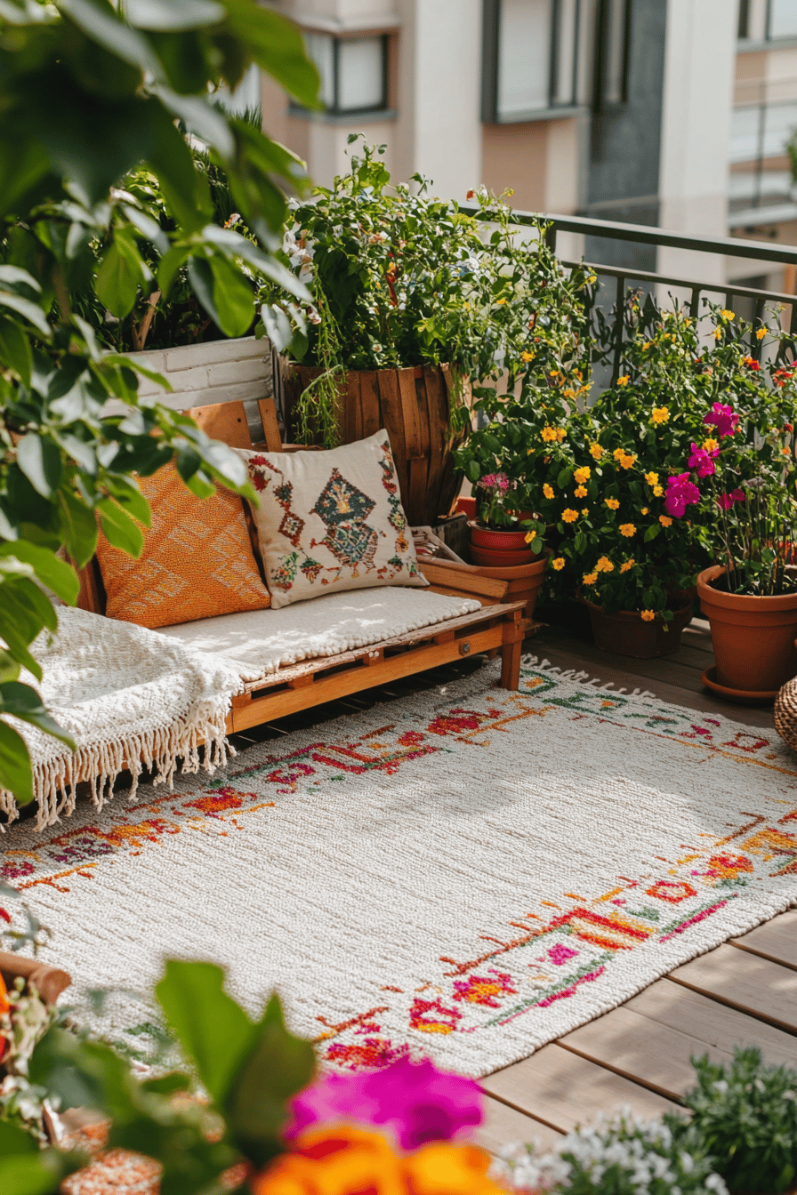 Blumenreiche Terrasse mit Sofa und buntem Outdoor-Teppich.