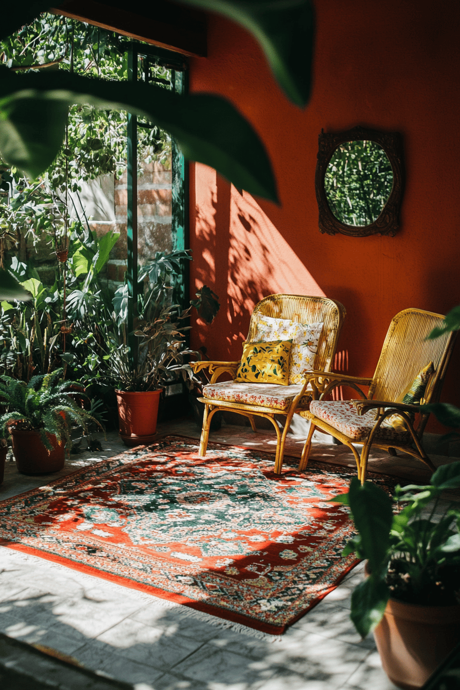 Terrasse mit buntem Outdoor-Teppich, Rattanmöbeln, Pflanzen und oranger Wand.