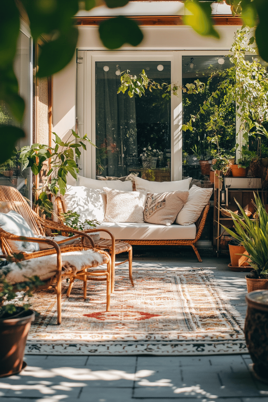 Eine gemütliche Terrasse mit Sofa, Sessel, Pflanzen und einem Outdoor-Teppich.