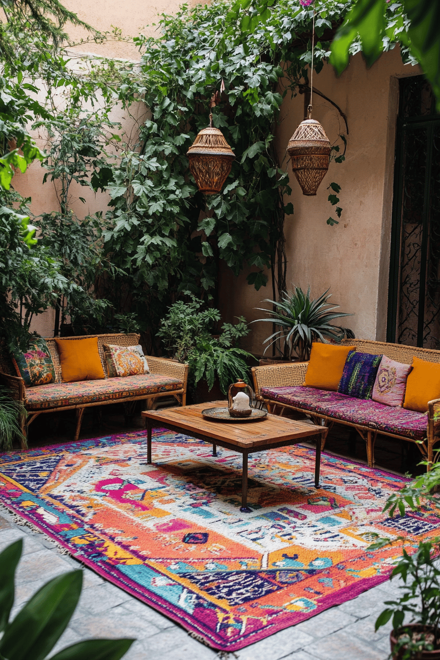 Gemütlicher Terrassenbereich mit buntem Outdoor-Teppich und Pflanzen.