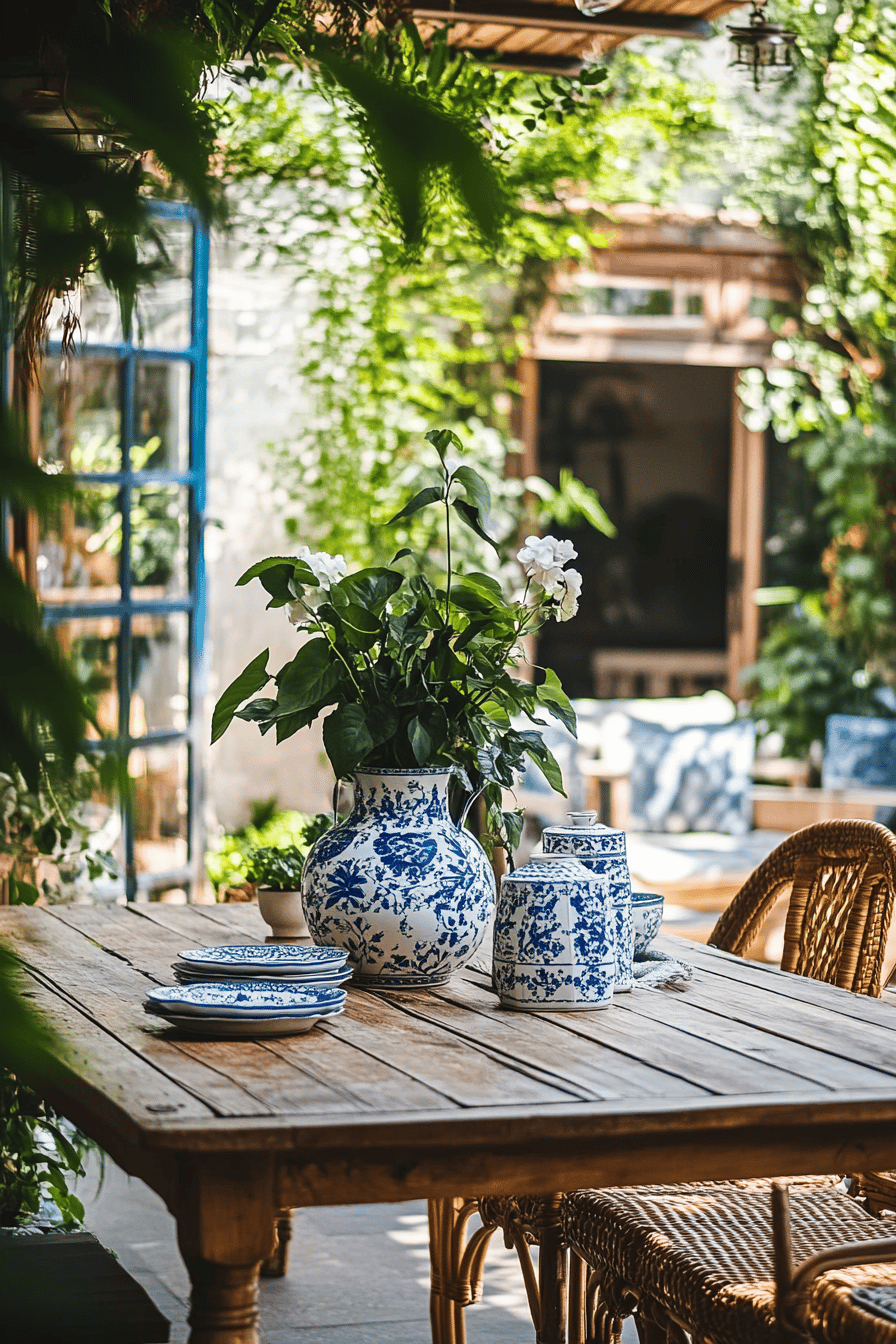 Ein rustikaler Holztisch auf einer Terrasse, dekoriert mit blauen Porzellanvasen und Vintage-Geschirr.