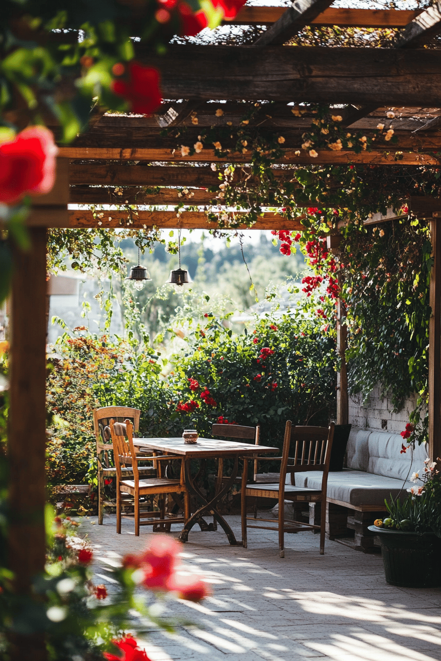 Terrasse mit Rankgitter, Holztisch und blühenden Pflanzen.