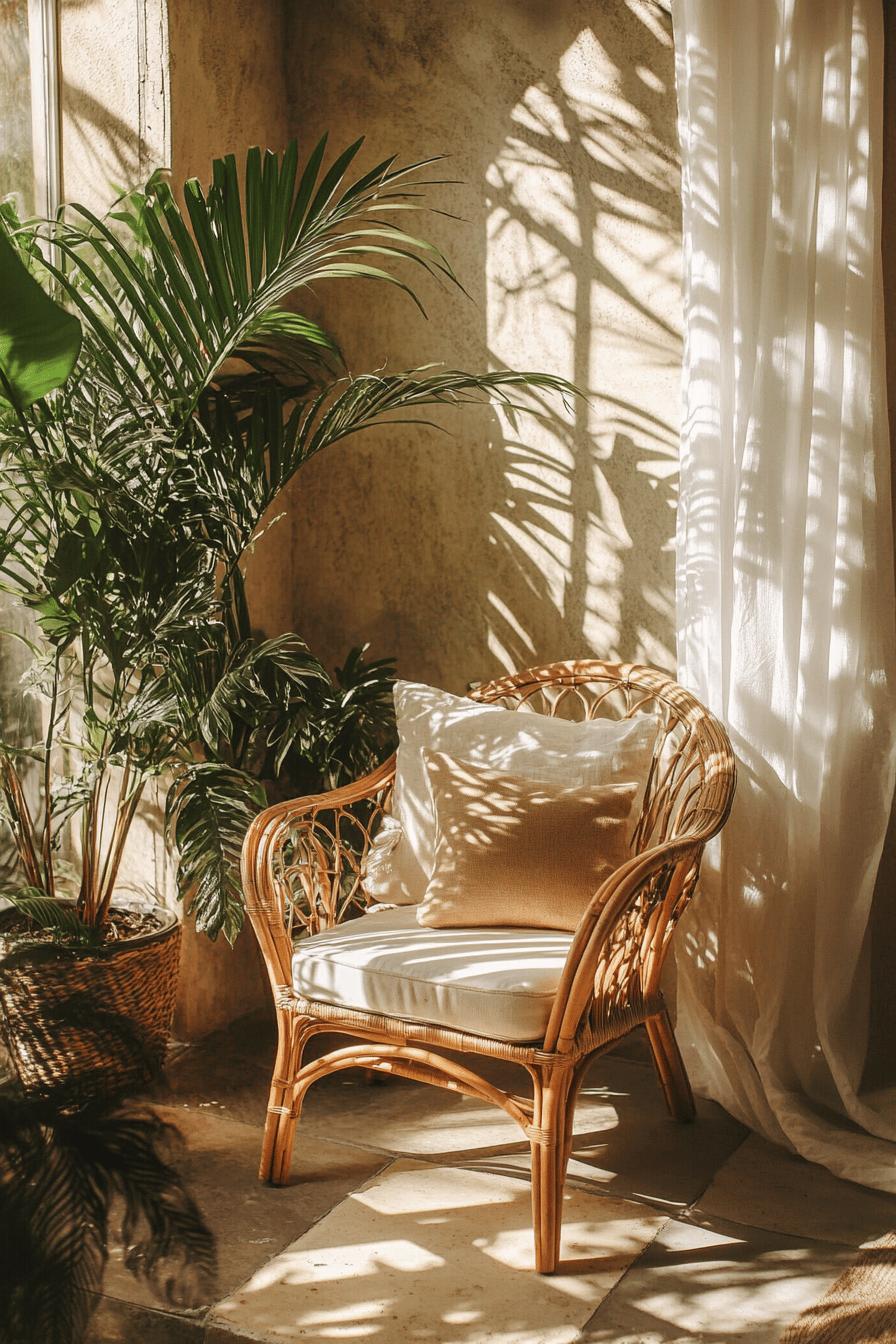 Rattan-Stuhl auf einer Terrasse neben großen Pflanzen.