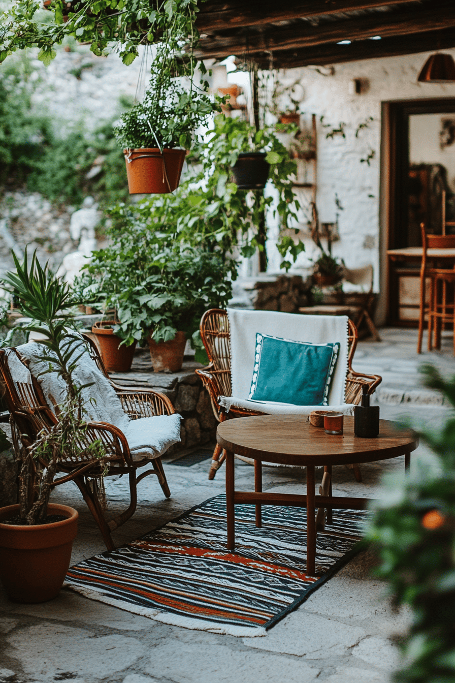 Rustikale Terrasse mit Rattanmöbeln und Pflanzen.