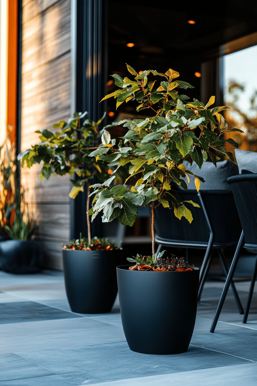 Moderne Terrasse mit schwarzen Pflanzgefäßen und stilvollen Möbeln.