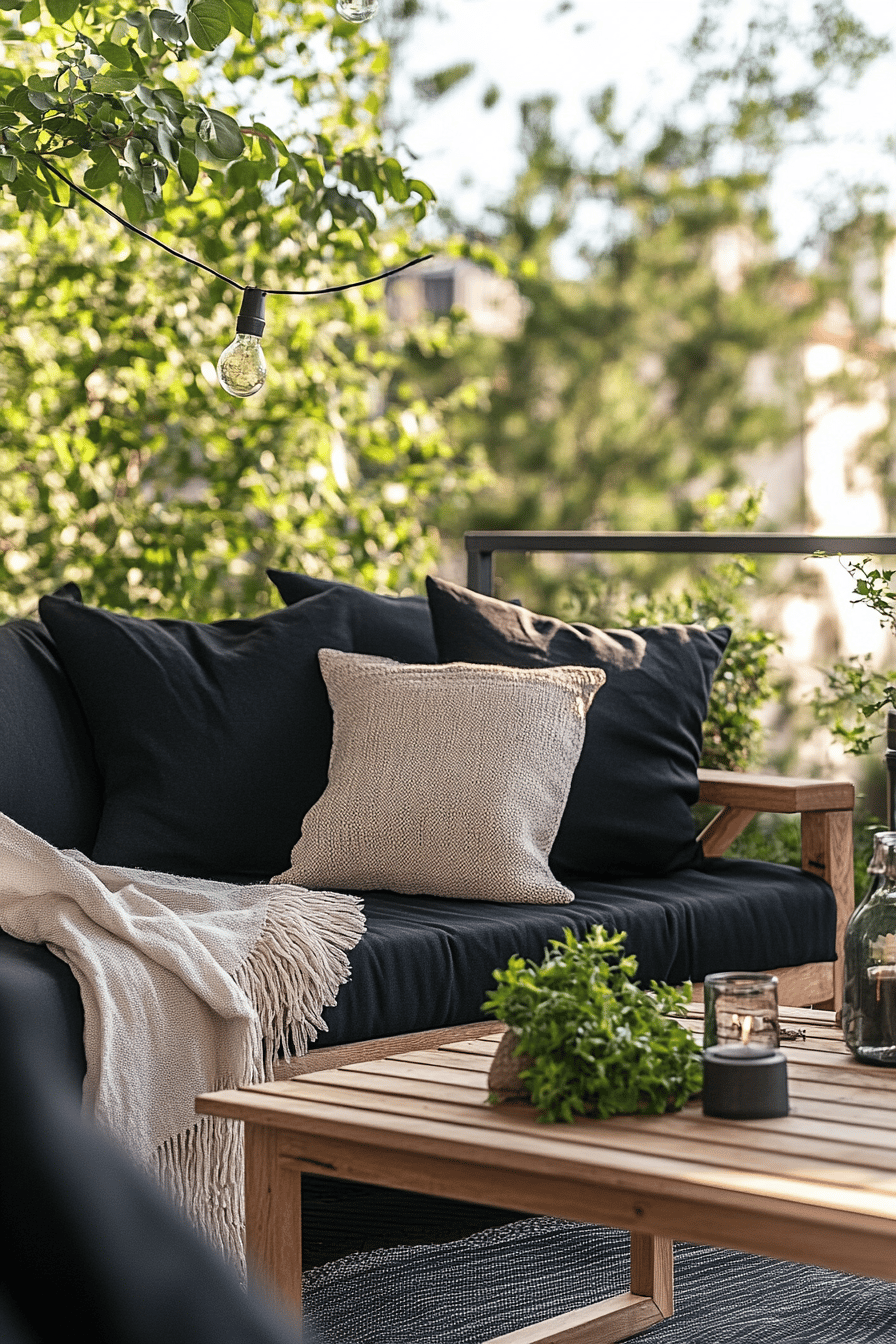 Eine Terrasse mit schwarzem Sofa, Kissen und Decken, dekoriert mit Pflanzen und Lichtern.