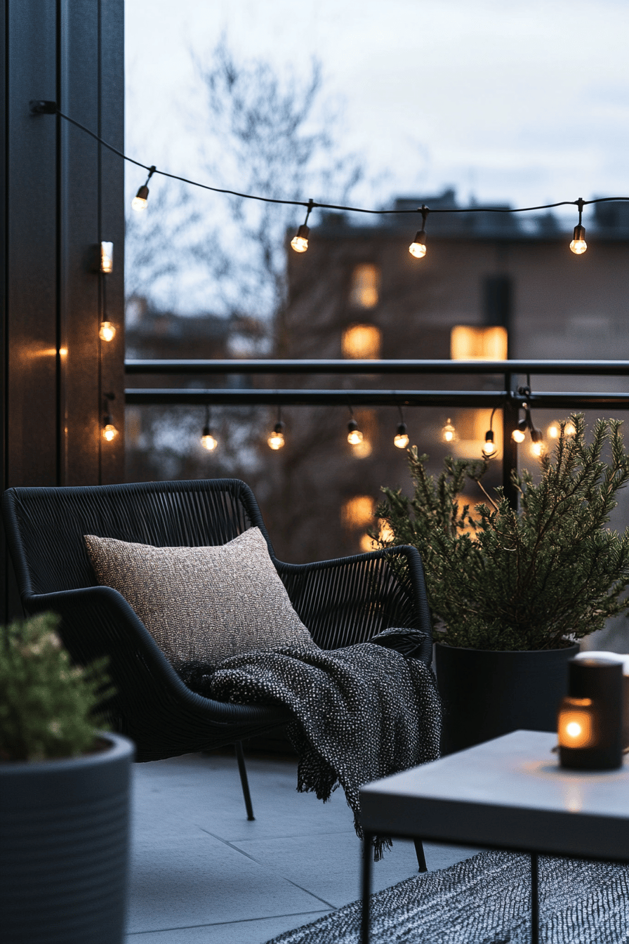 Schwarzer Sessel auf einer Terrasse mit Lichterketten und Pflanzen.