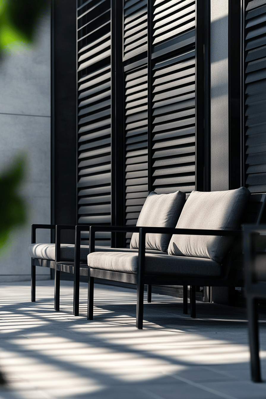 Schwarze Outdoor-Möbel auf einer modernen Terrasse mit Lichteffekten.